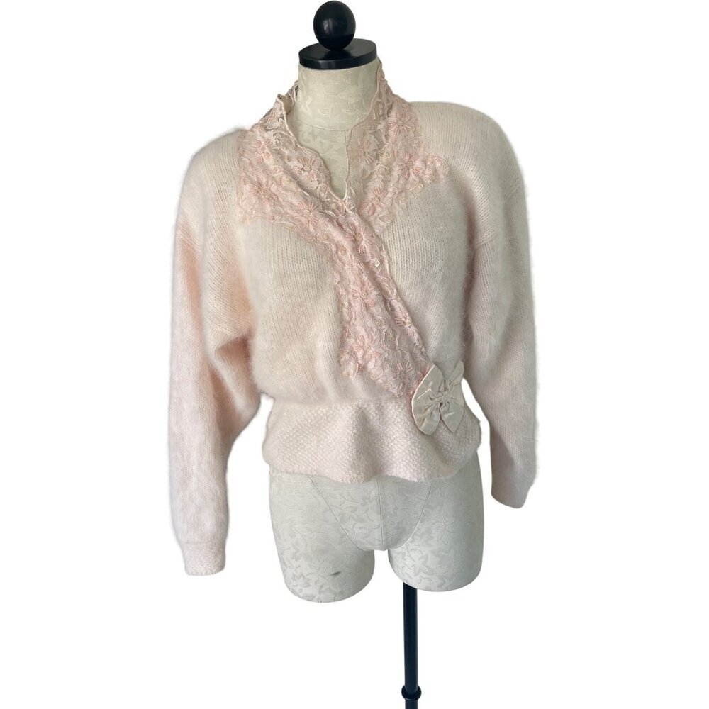 Classiques Vintage Womens Sweater Size Medium Pink Lace Trim Faux Wrap